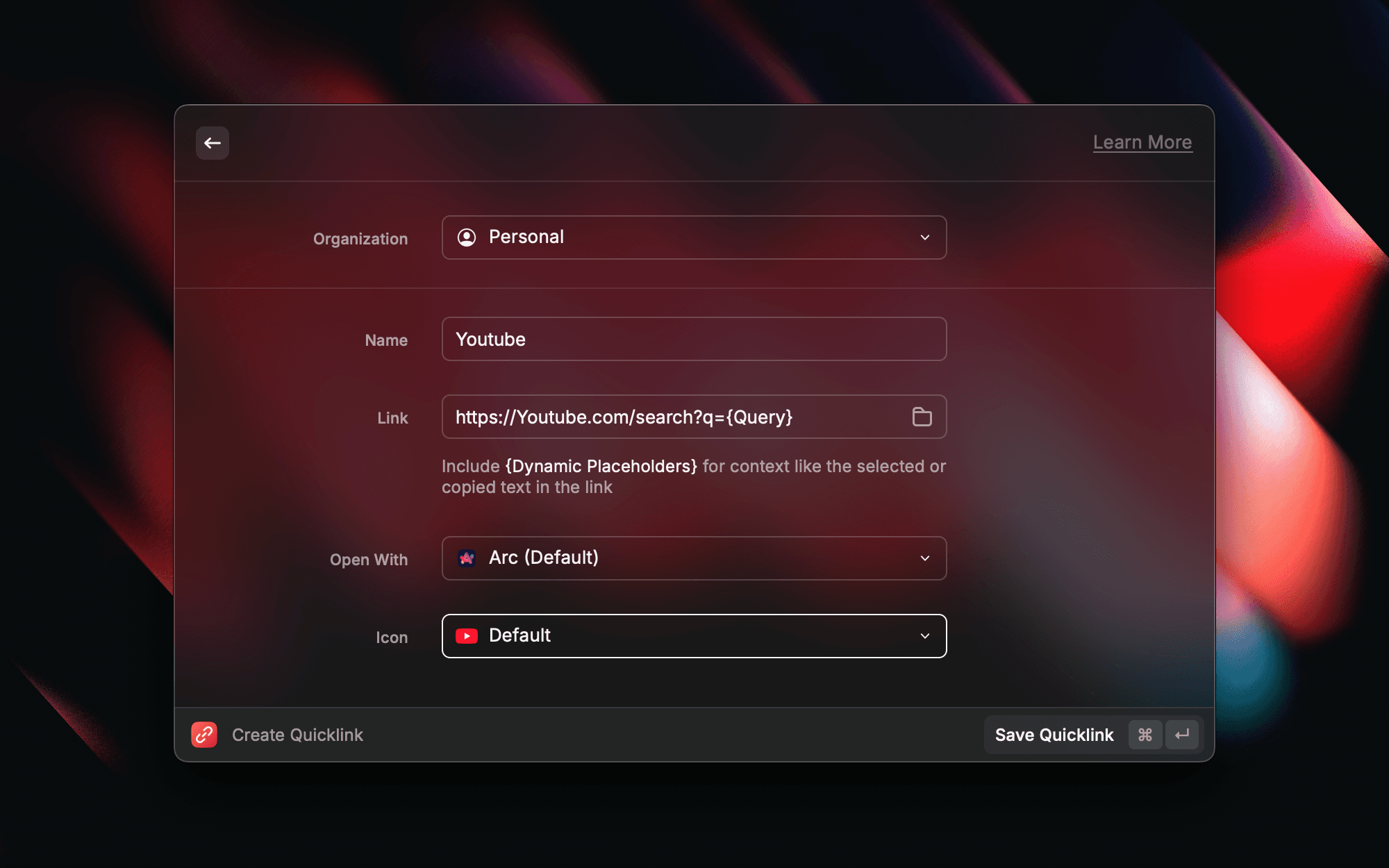 إنشاء Quicklink جديد