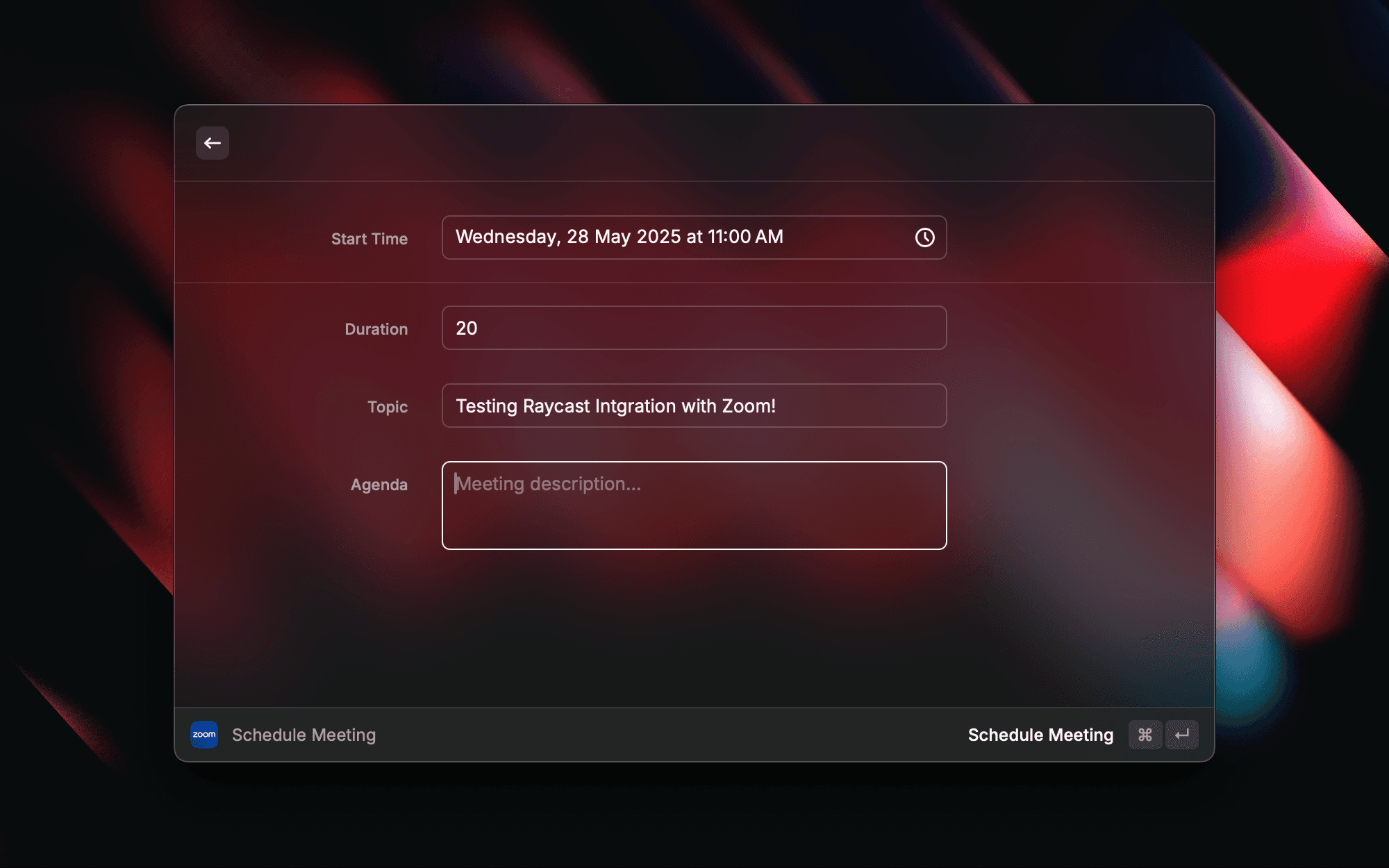 جدولة مقابلة في Zoom عن طريق Raycast